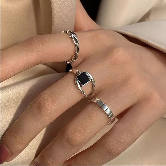 #23 Two Ring Set NEW 925 Sterling Silver Black Onyx Ring & Sterling Link Ring - Picture 2 of 10
